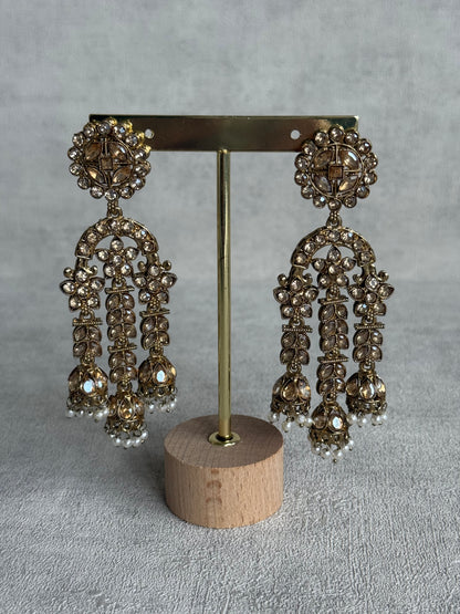 Ayura Designs Soraya Earrings – Champagne Stones, Mirror-Cut Crystals, Pearl Detailing & Gold Finish