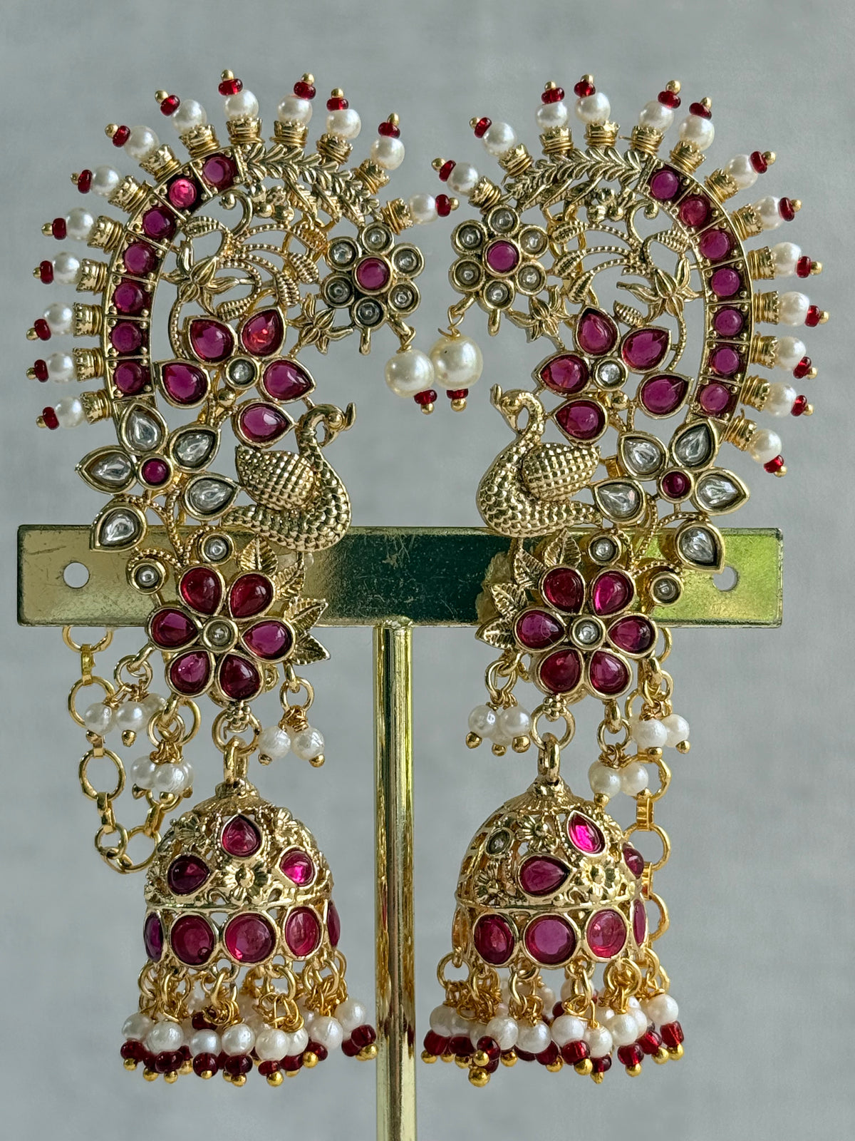 Ayura Designs Nitya Kaanphool Jhumkis – Gold Peacock Motifs, Pink Kundan & Pearl Drops with Attached Sahare
