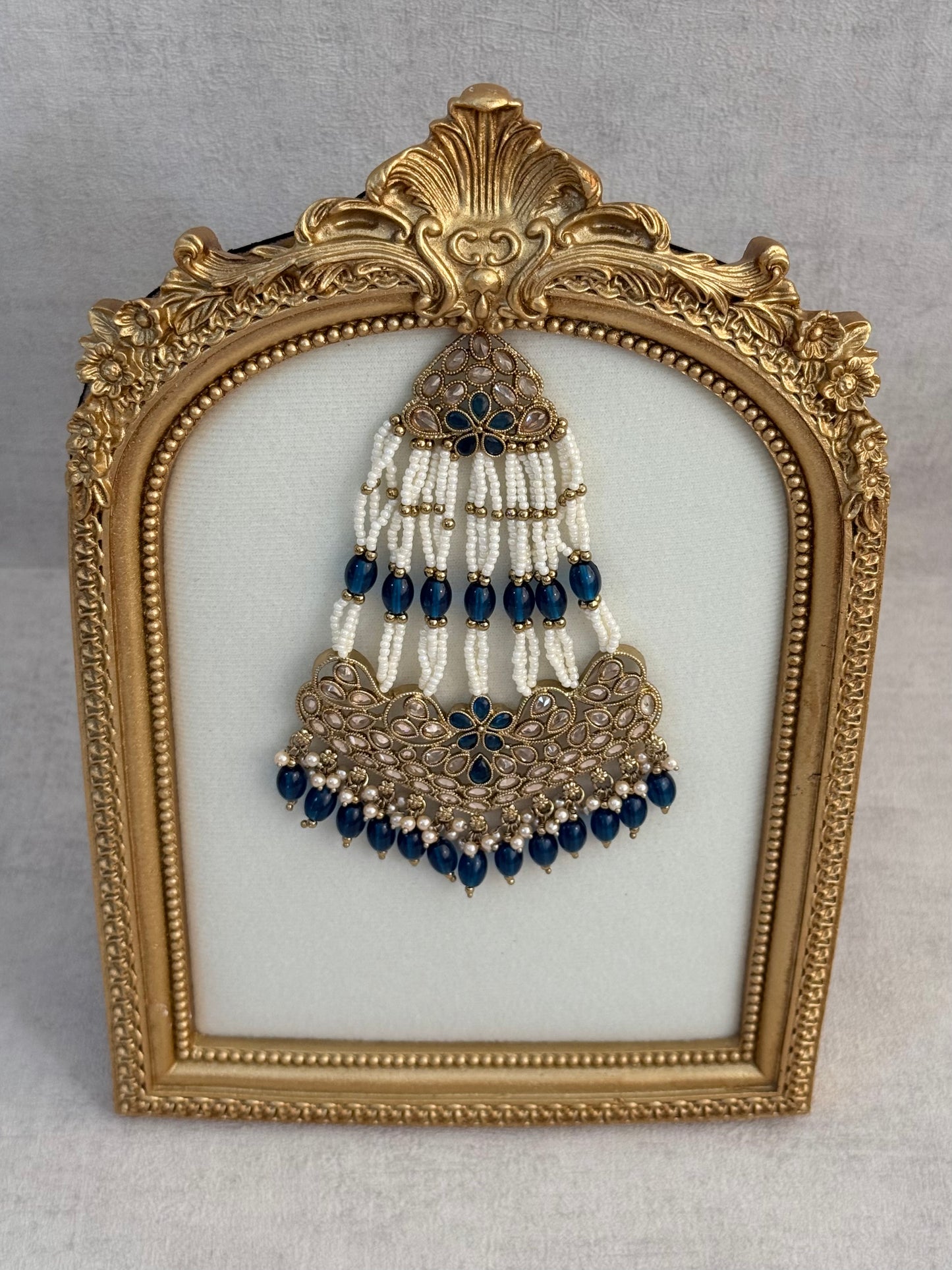 Ayura Designs Raya Jhoomar Passa – Ink Blue Beads with Kundan Detailing & Antique Gold Finish