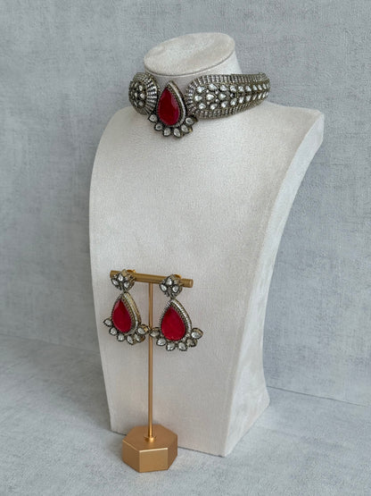 Ayura Designs Ziva Choker Set with Earrings – Ruby Red Teardrop Stone with Moissanite Style Detailing