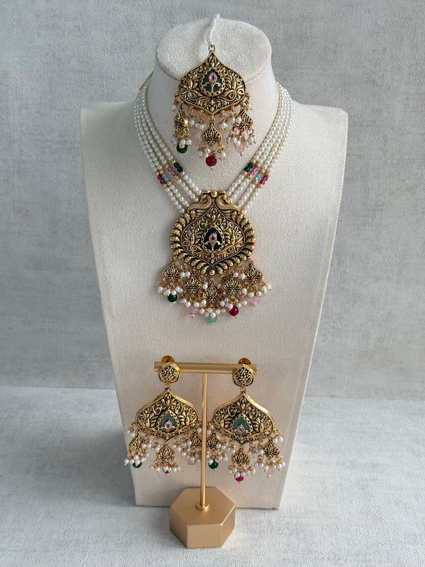 Ayura Designs Afia Necklace Set with Earrings & Tikka – Antique Gold, Multicolour Beads, Green Centre Stone & Peacock Motifs