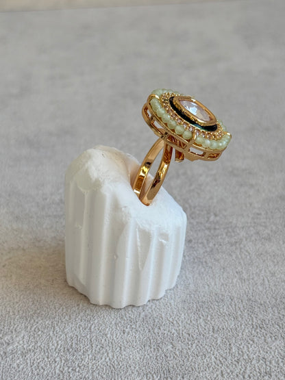 Ayura Designs Roselle Adjustable Ring – Moissanite Centre with Crystal Border & Mint Green Beads