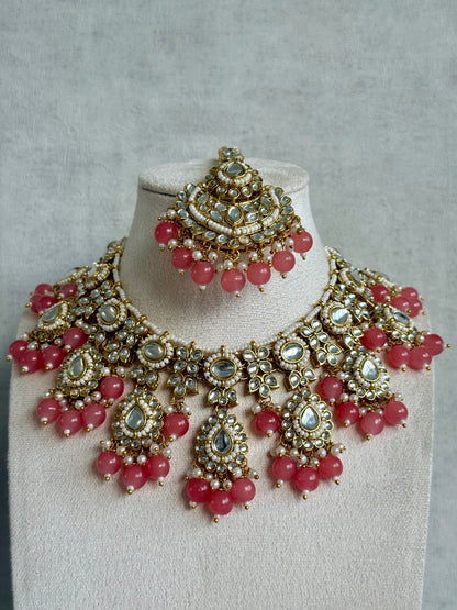 Ayura Designs Iyla Set with Necklace, Earrings & Tikka – Kundan Detailing, Ivory Pearl Drops & Peach Beads