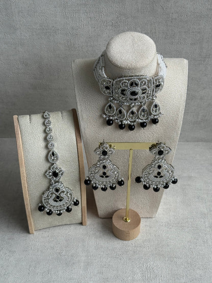 Ayura Designs Zarlish Set – Choker, Earrings & Tikka with Mirror-Cut Stones, Black & White Beads & Silver Finish