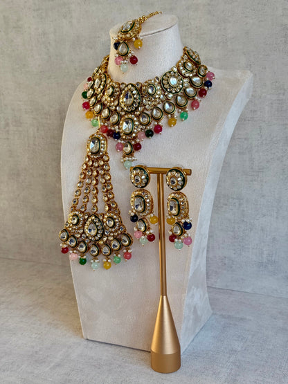 Ayura Designs Jashan Set with Necklace, Earrings, Tikka & Passa – Kundan Detailing, Pearl Drops & Multicolour Beads