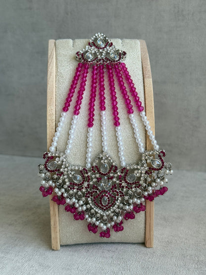 Ayura Designs Wania Set with Jhumkis, Tikka & Passa – Fuchsia Beads, Mirror-Cut Stones & Antique Silver Finish