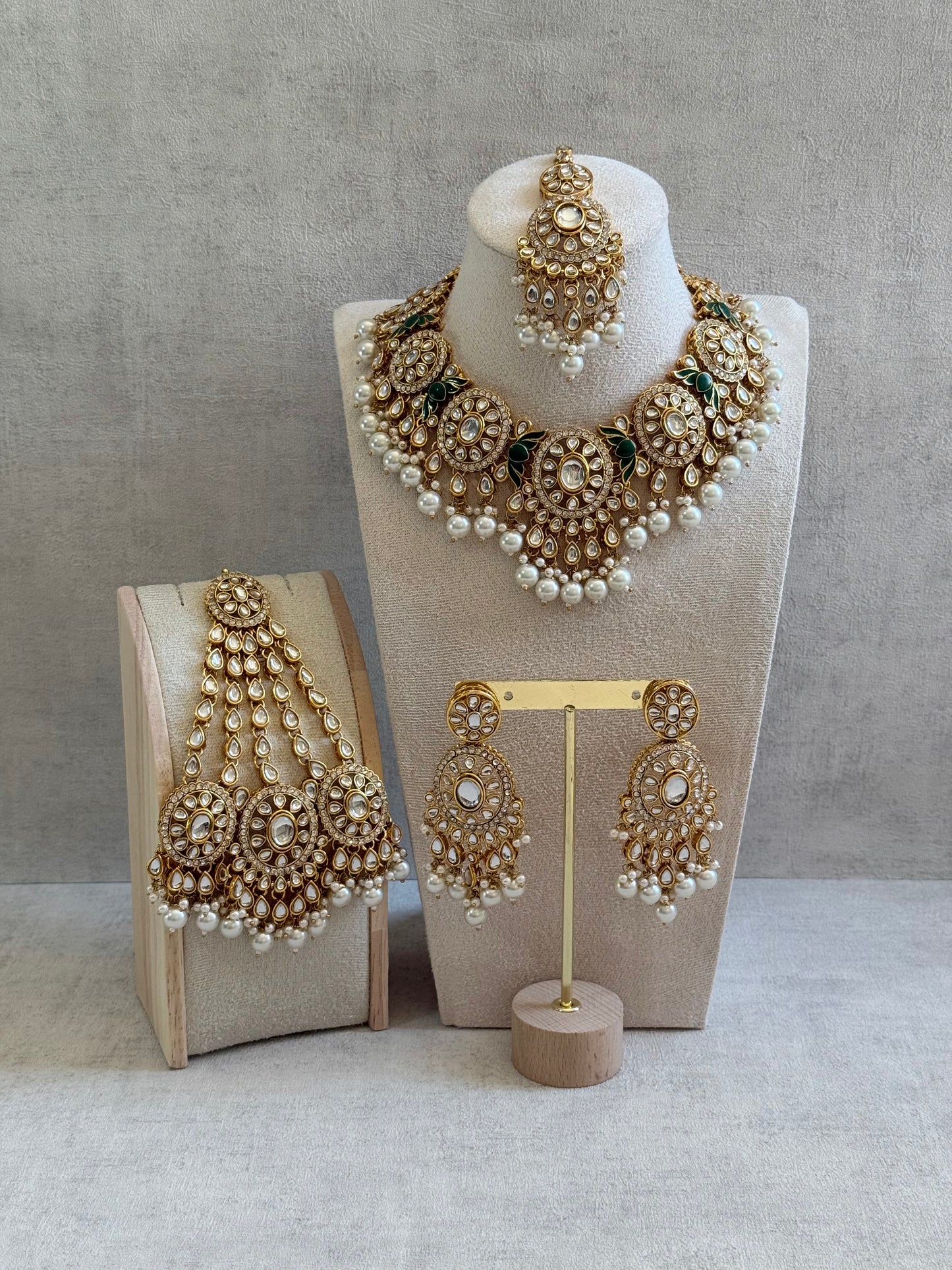 Ayura Designs Zara Set with Necklace, Earrings, Tikka & Passa – Antique Gold with Kundan Detailing & Ivory Pearl Drops