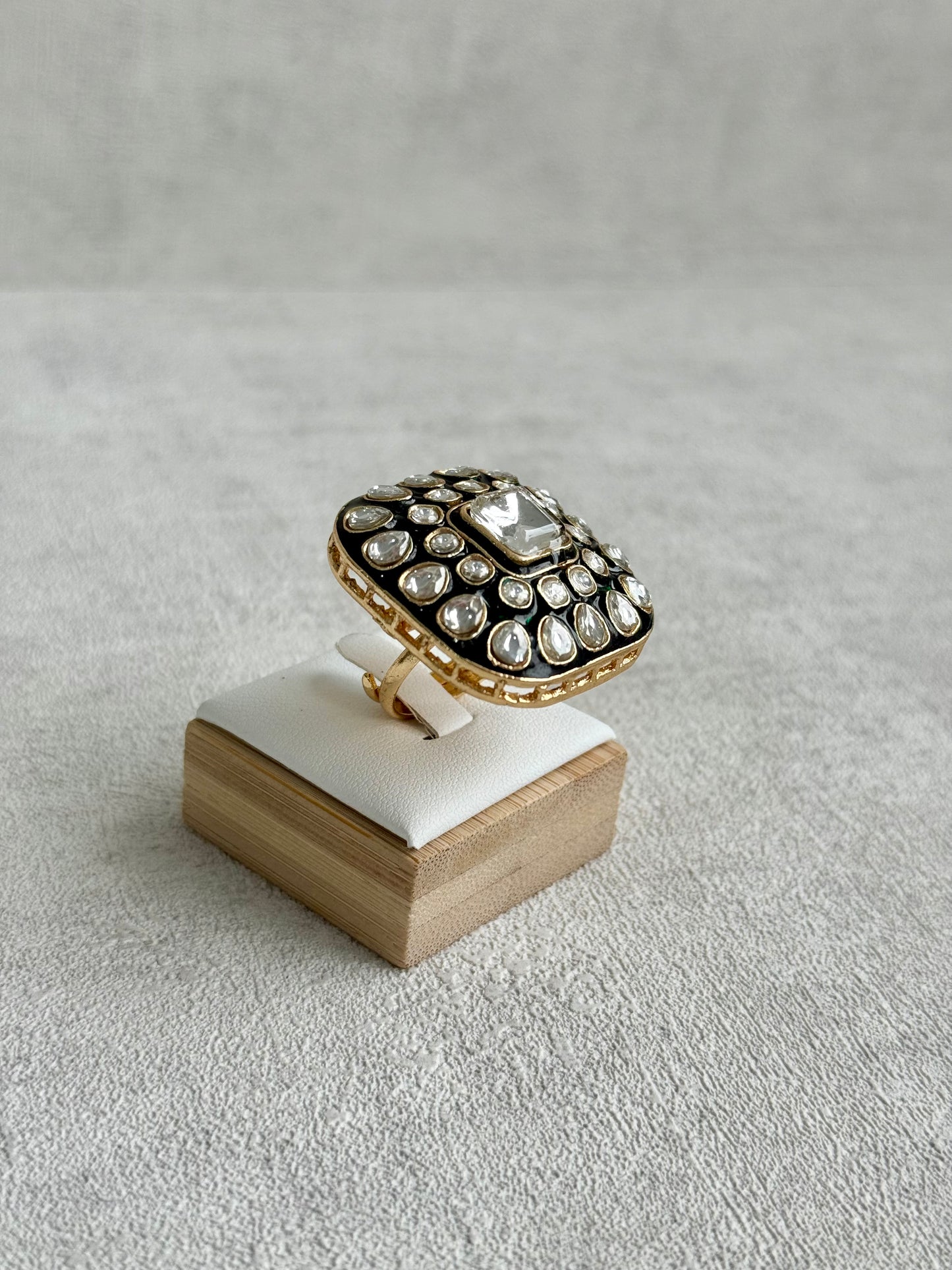 Ayura Designs Arzoo Adjustable Ring – Mirror-Cut Stone Centre with Green Enamel & Crystal Detailing