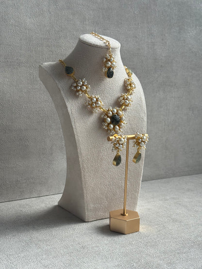 Ayura Designs Mireya Set with Earrings & Tikka – Pearls, Prehnite Drops & Antique Gold Finish