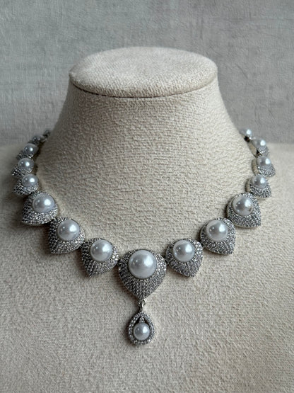 Ayura Designs Juliette Set with Necklace & Drop Earrings – Silver Crystal & Pearl Statement Set