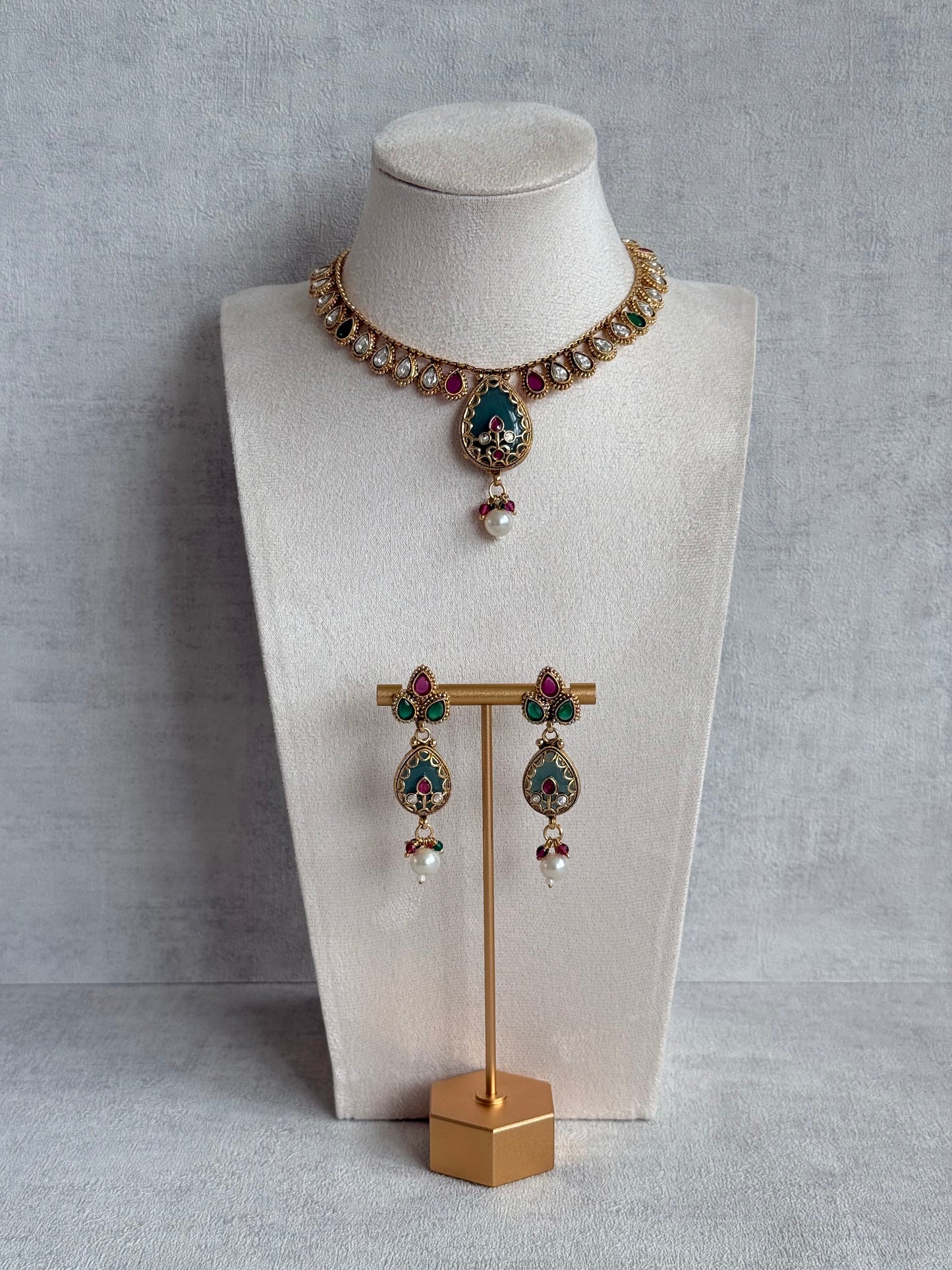 Ayura Designs Lamees Necklace Set with Earrings – Green Enamel, Emerald Green & Ruby Pink Stones with Pearl Drops