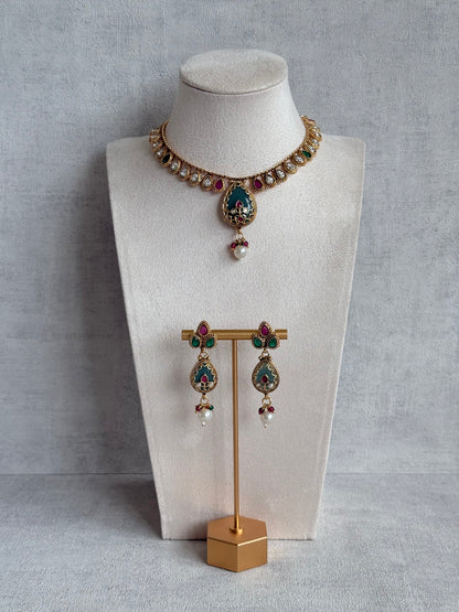 Ayura Designs Lamees Necklace Set with Earrings – Green Enamel, Emerald Green & Ruby Pink Stones with Pearl Drops