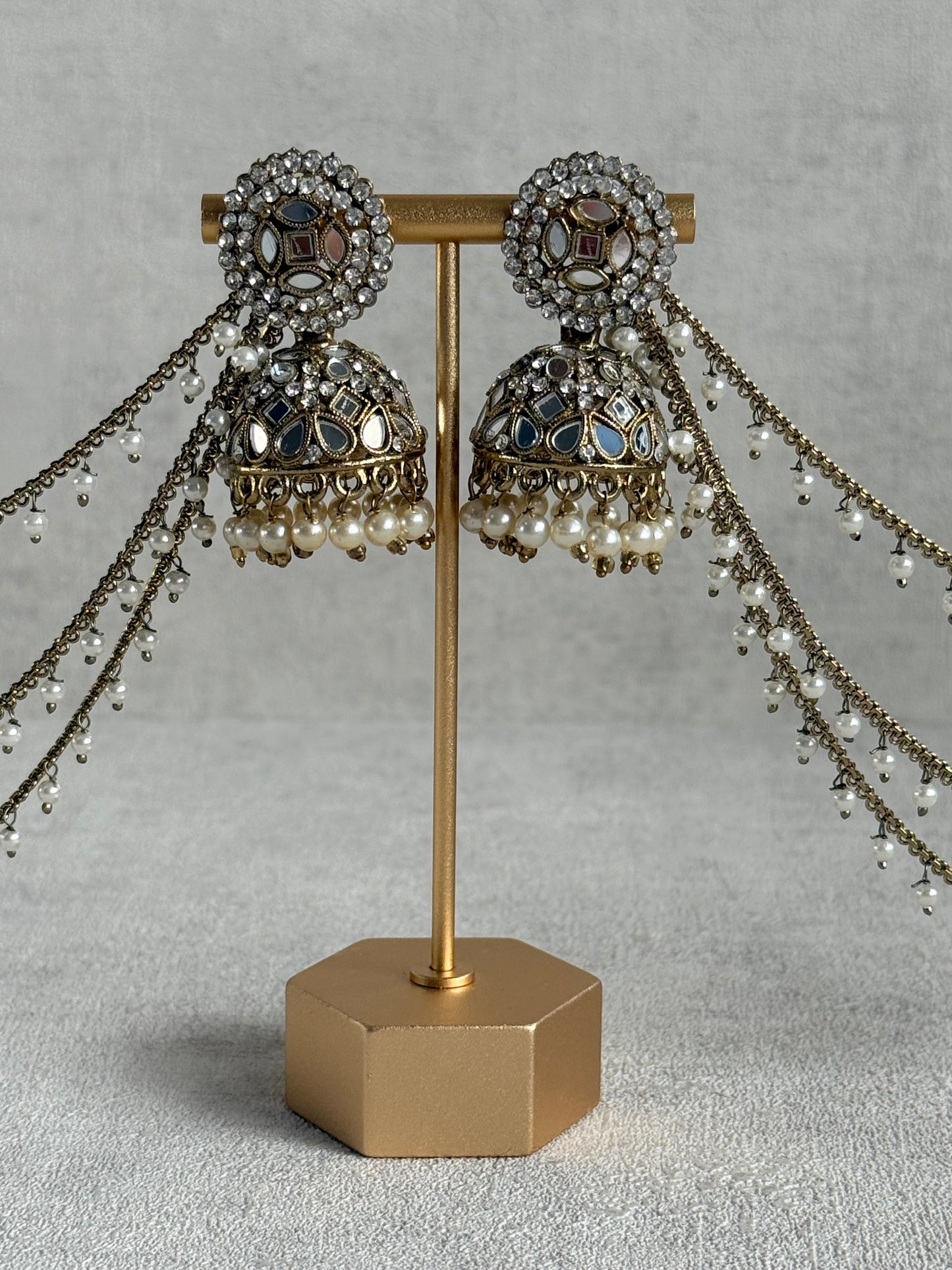 Ayura Designs Aaina Jhumkis – Antique Gold Mirror & Crystal Earrings with Detachable Triple-Layer Pearl Sahare