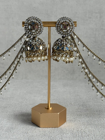 Ayura Designs Aaina Jhumkis – Antique Gold Mirror & Crystal Earrings with Detachable Triple-Layer Pearl Sahare