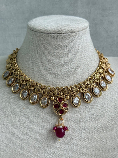 Ayura Designs Perniya Set with Necklace & Earrings – Mirror-Cut Stones with Rani Pink Accents in Antique Gold Finish