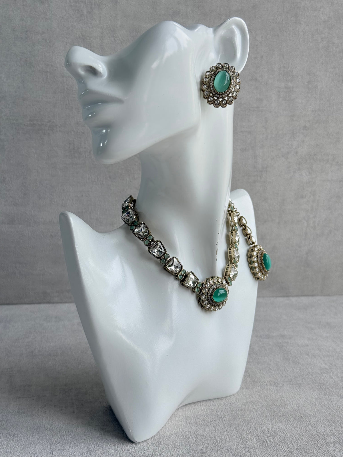 Ayura Designs Inza Necklace Set – Aqua Green Stones, Kundan & Crystals with Antique Gold Finish