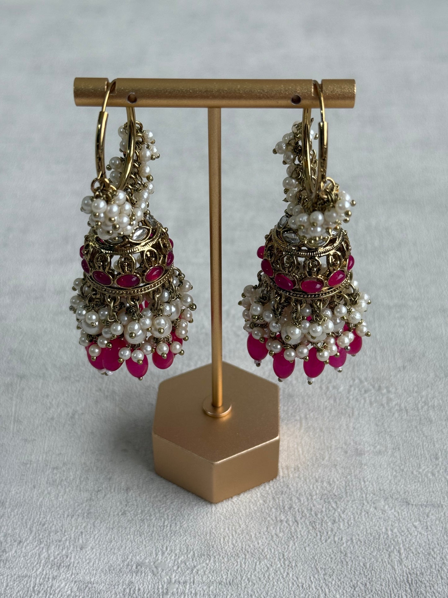 Ayura Designs Jugni Jhumkis – Antique Gold Balis with Fuchsia Beads & Pearl Clusters