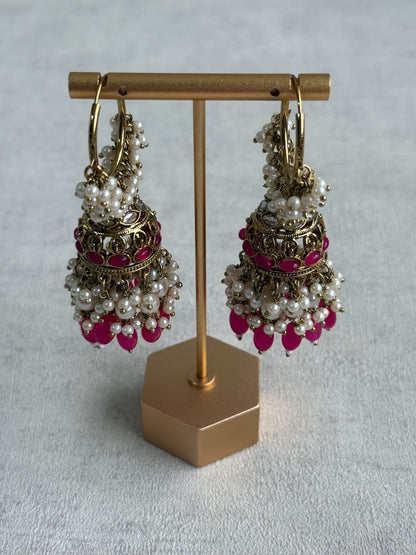 Ayura Designs Jugni Jhumkis – Antique Gold Balis with Fuchsia Beads & Pearl Clusters