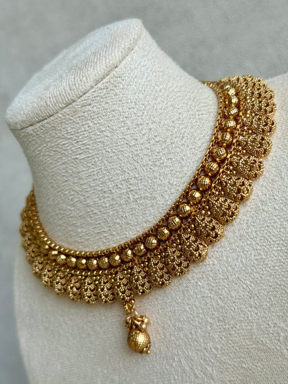 Ayura Designs Chirag Necklace Set with Earrings – Matte Gold Textured Dome Drops