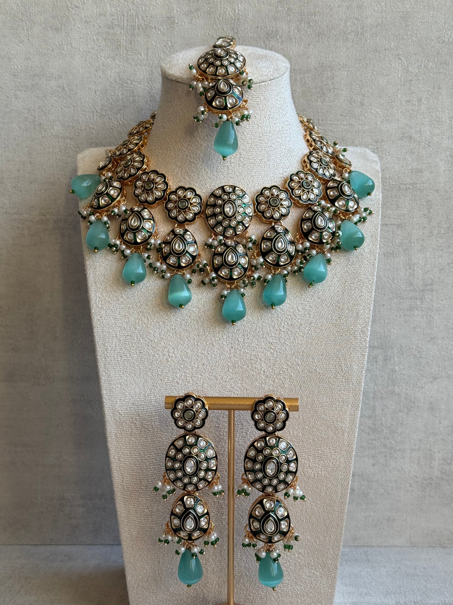 Ayura Designs Sumaira Set – Necklace, Earrings & Tikka with Kundan, Green Meenakari Detailing & Aqua Drops