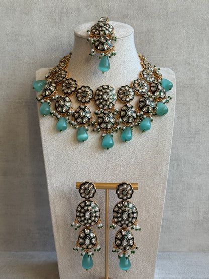 Ayura Designs Sumaira Set – Necklace, Earrings & Tikka with Kundan, Green Meenakari Detailing & Aqua Drops