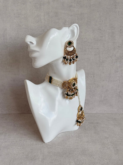 Ayura Designs Mehr Choker Set with Earrings & Tikka – Emerald Green Stones, Pearl Beads, Pearl Strands & Antique Gold Finish
