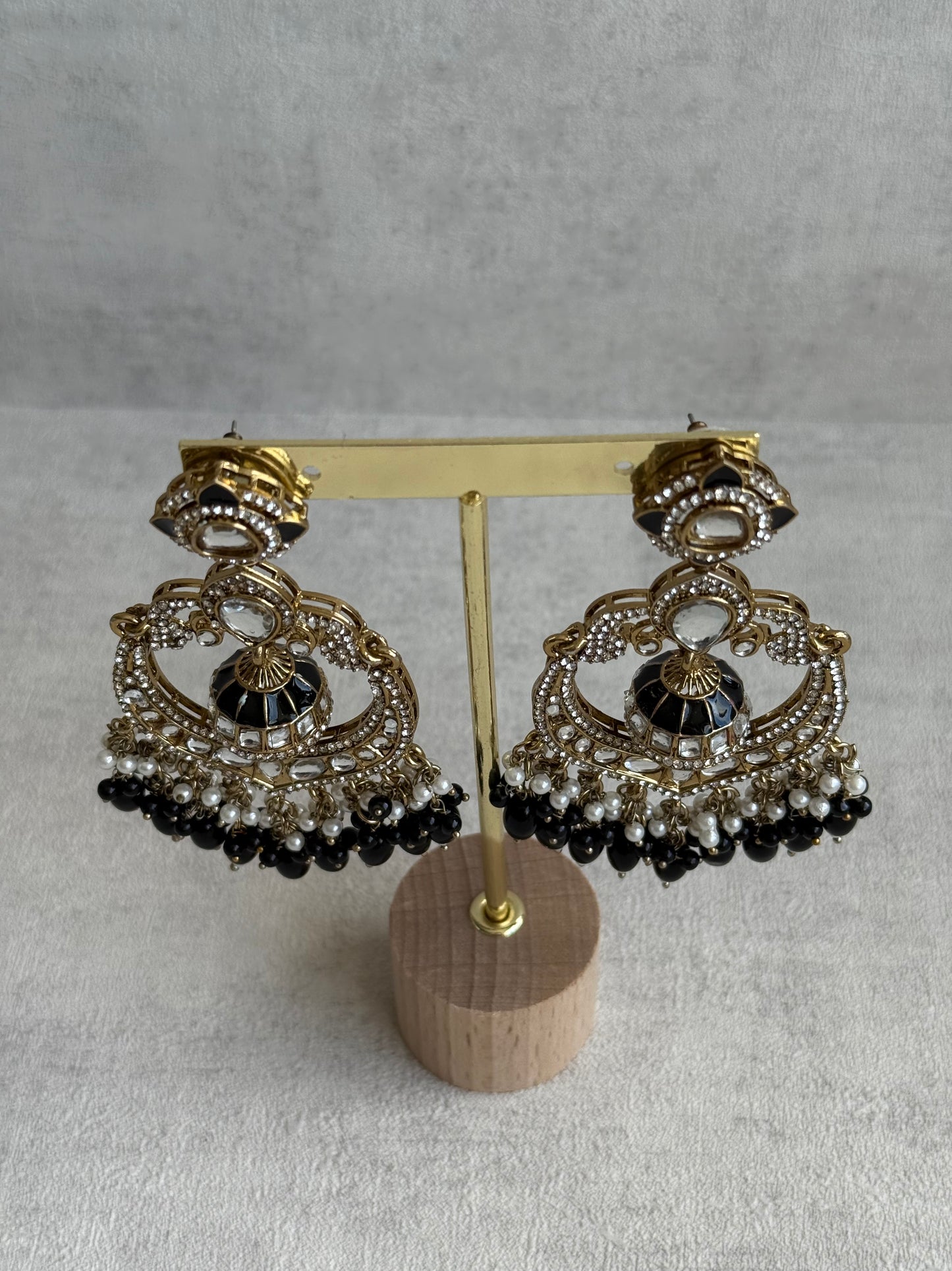 Ayura Designs Reha Earrings – Statement Chandbalis with Black Beads, Pearls & Mirror-Cut Stones