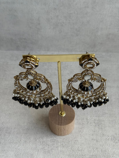 Ayura Designs Reha Earrings – Statement Chandbalis with Black Beads, Pearls & Mirror-Cut Stones