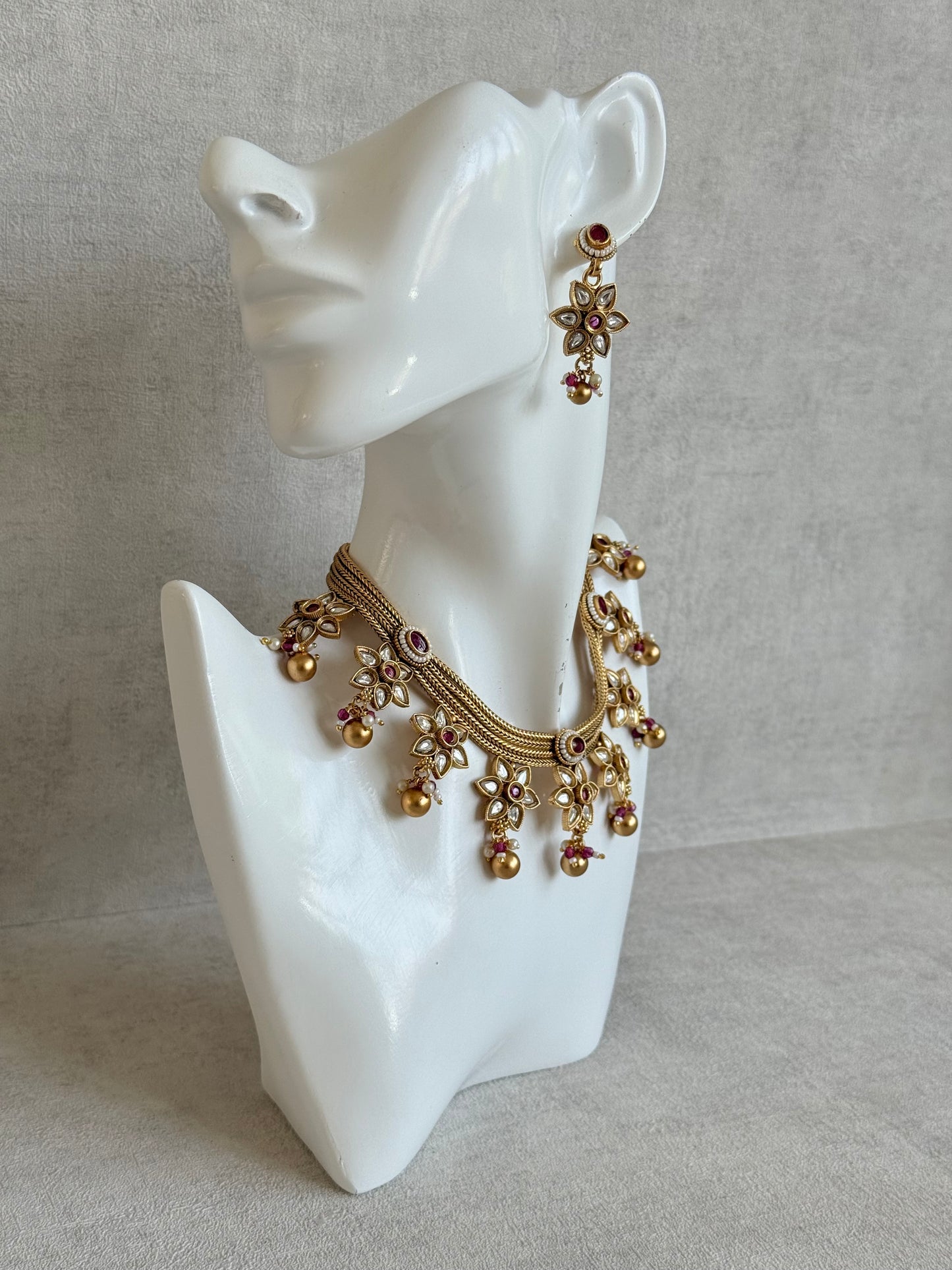 Ayura Designs Daksha Necklace Set with Earrings – Gold Layered Chain Necklace with Ruby Pink Kundan Floral Motifs