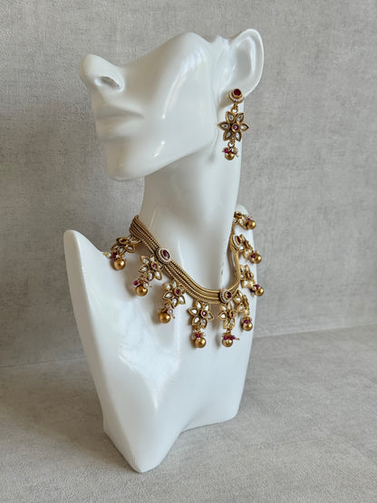 Ayura Designs Daksha Necklace Set with Earrings – Gold Layered Chain Necklace with Ruby Pink Kundan Floral Motifs