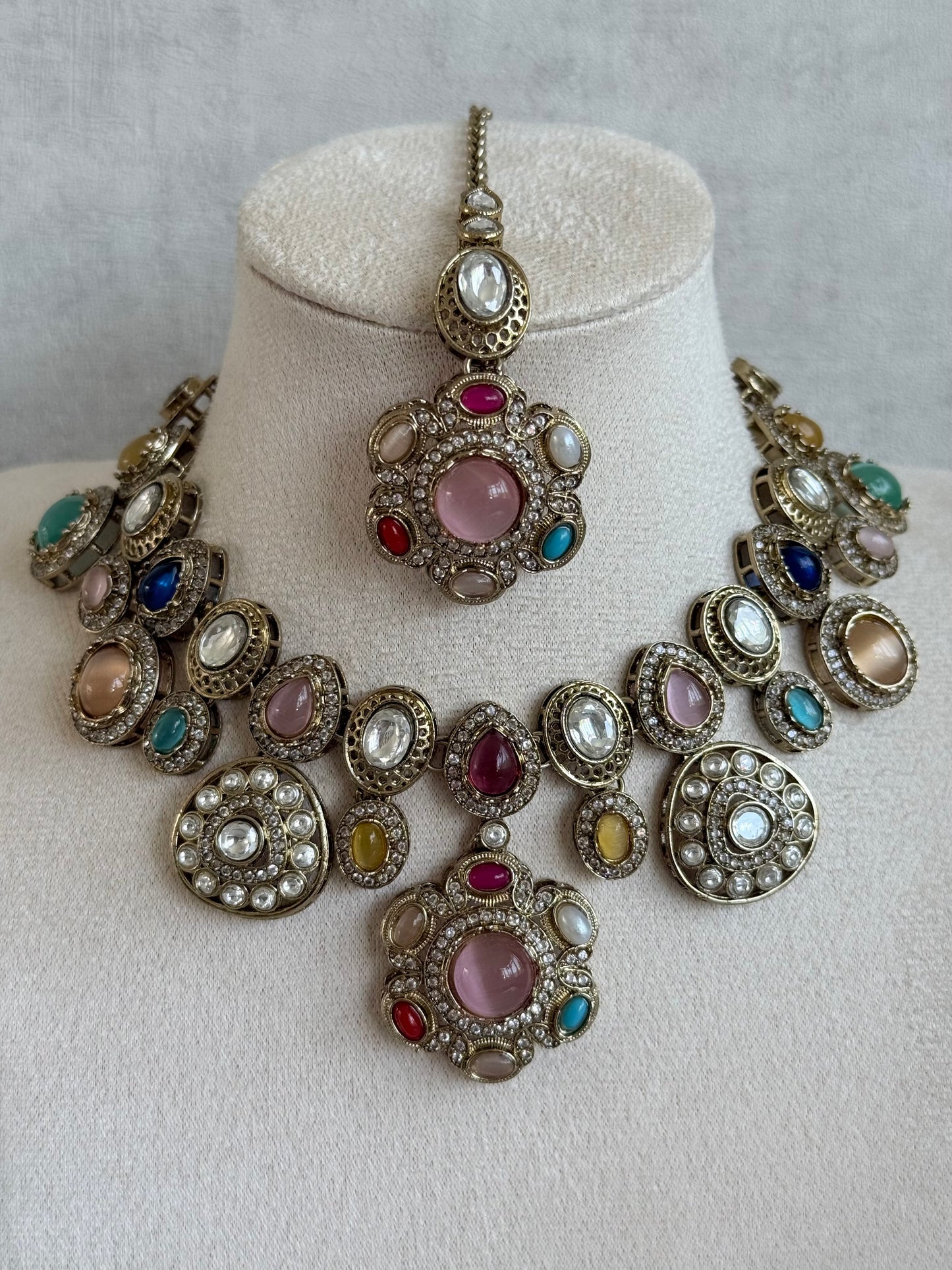 Ayura Designs Elvira Necklace Set with Earrings & Tikka – Multicolour Stone Necklace with Pink Centre Stones & Pearl Detailing