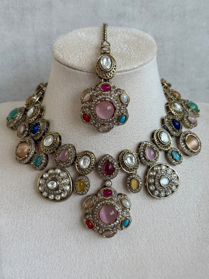 Ayura Designs Elvira Necklace Set with Earrings & Tikka – Multicolour Stone Necklace with Pink Centre Stones & Pearl Detailing