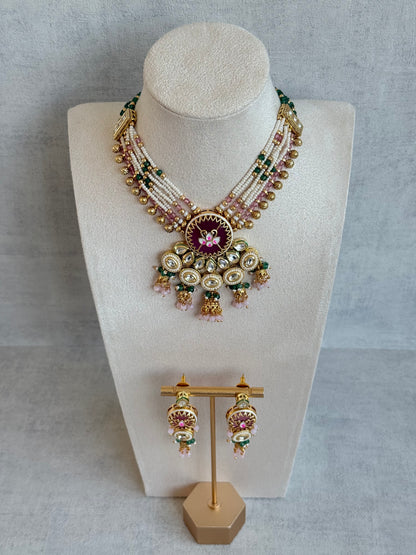Ayura Designs Hasika Necklace Set with Earrings – Rose Pink, Emerald Green, Kundan & Pearl Detailing