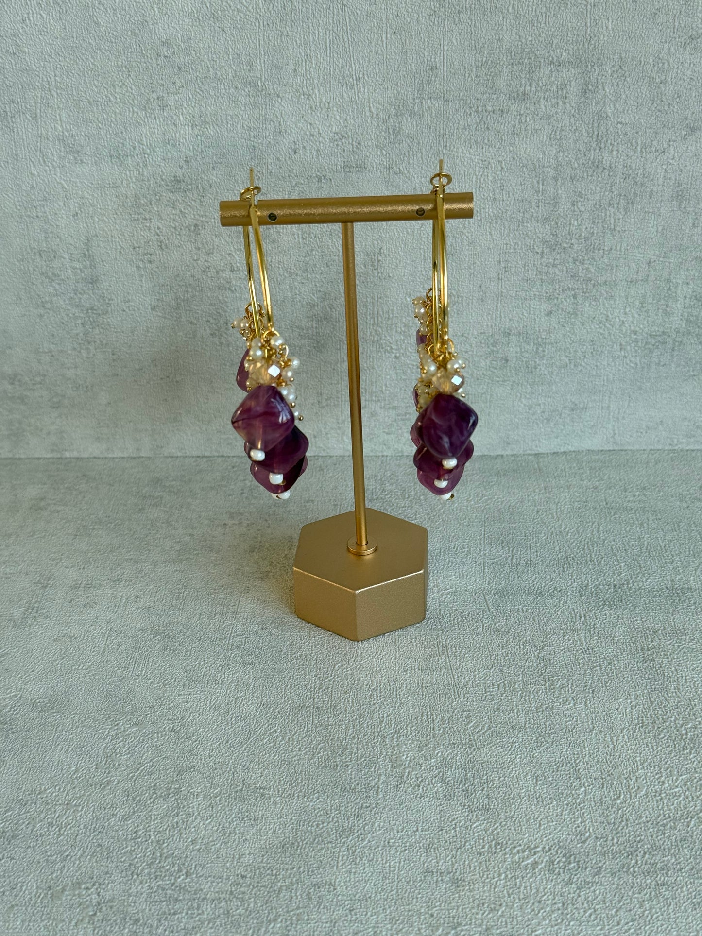 Ayura Designs Heer Balis – Gold Hoops with Amethyst Plum Marble Beads, Pearls & Crystal Detailing