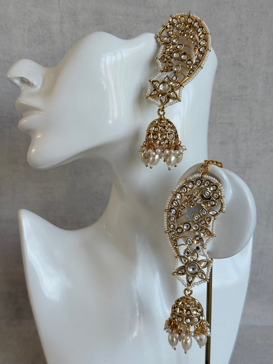 Ayura Designs Urisha Ear Climber Jhumkis – Pearl & Kundan Earrings, Indian Pakistani Bridal Wedding Jewellery