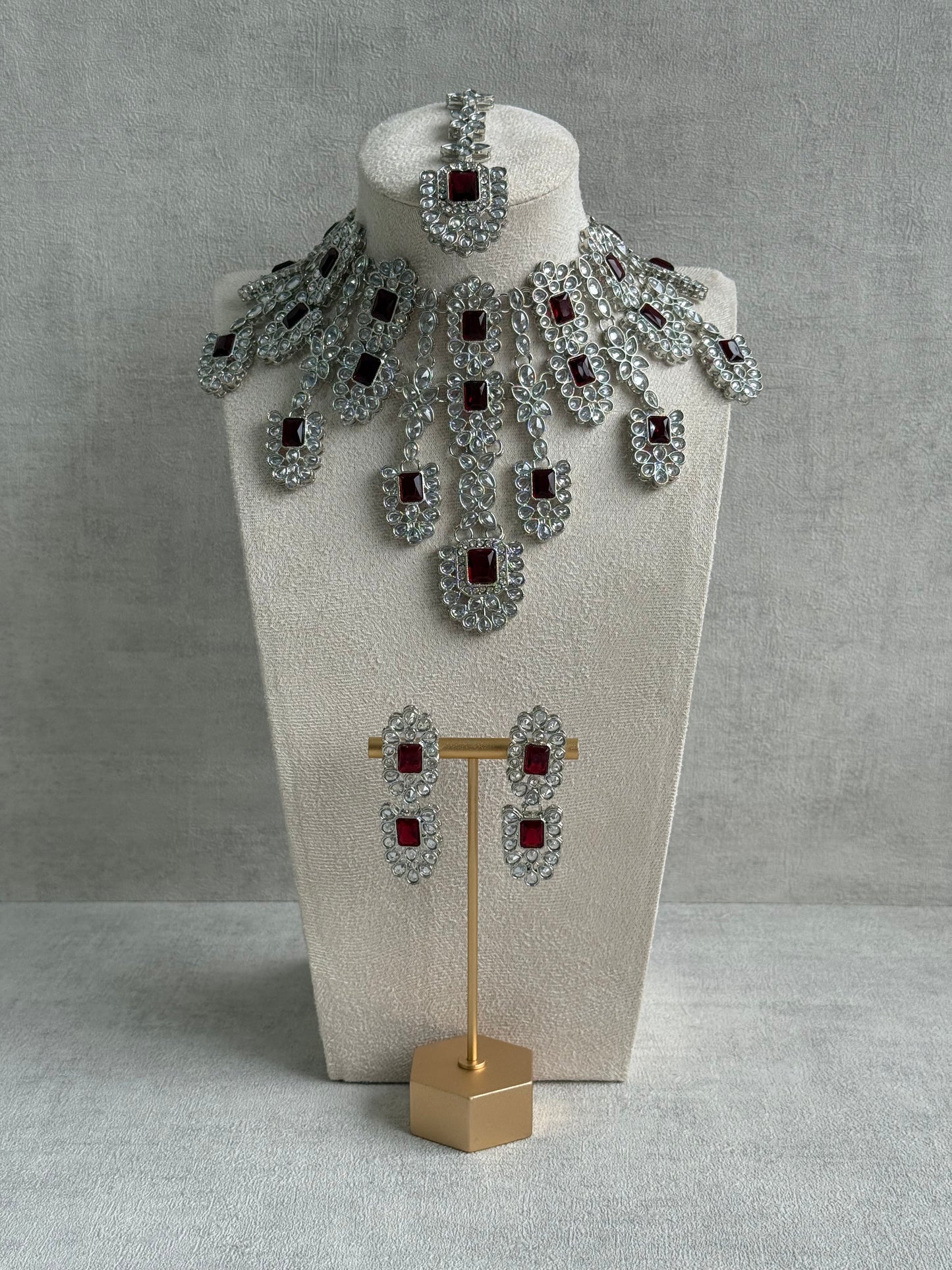 Ayura Designs Zinnia Set – Necklace, Earrings & Tikka with Ruby Red Stones and Mirror-Cut Polki in Silver Finish