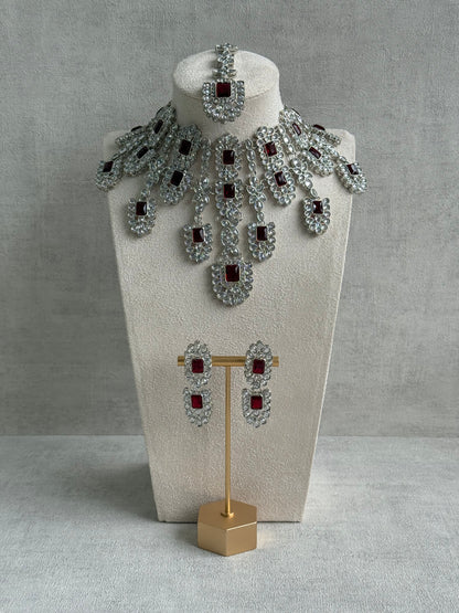 Ayura Designs Zinnia Set – Necklace, Earrings & Tikka with Ruby Red Stones and Mirror-Cut Polki in Silver Finish