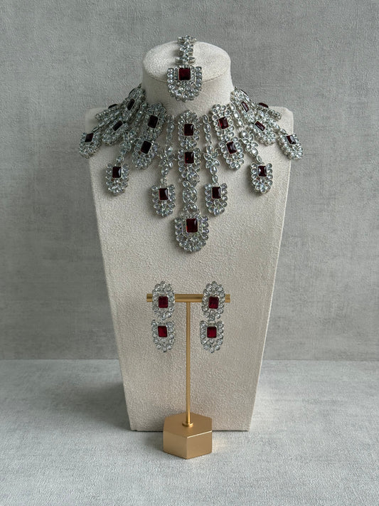 Ayura Designs Zinnia Set – Necklace, Earrings & Tikka with Ruby Red Stones and Mirror-Cut Polki in Silver Finish