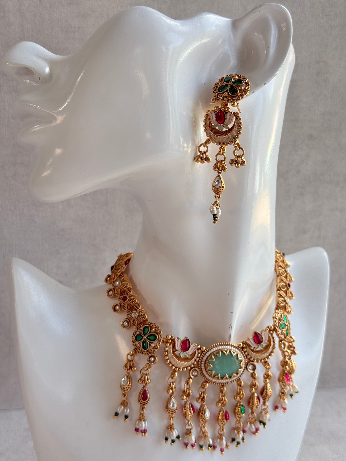 Ayura Designs Aavya Necklace Set – Aqua Green & Rani Pink Kundan Meenakari Design