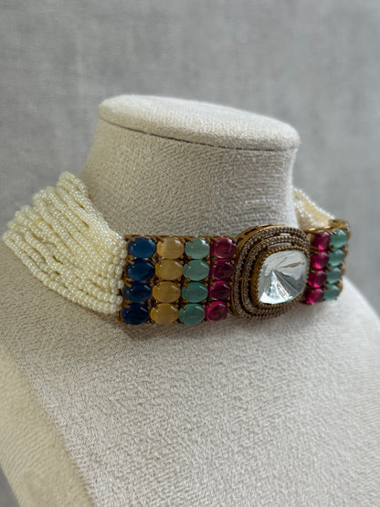 Ayura Designs Emma Choker Set – Multicolour Gemstone Choker & Studs with Mirror-Cut Centrepiece, Pearl Strands & Crystal Borders