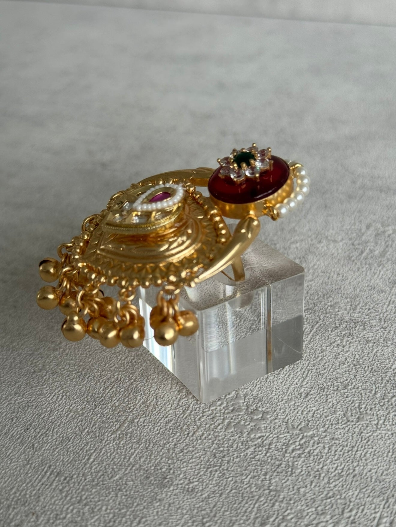 Ayura Designs Sorcha Adjustable Ring – Ruby Red Enamel, Pearl Detailing, Antique Gold & Mirror-Cut Stones