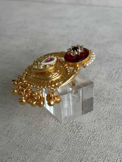 Ayura Designs Sorcha Adjustable Ring – Ruby Red Enamel, Pearl Detailing, Antique Gold & Mirror-Cut Stones