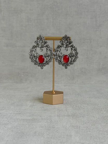 Ayura Designs Eila Earrings with Ruby Red Stone in Antique Silver Finish
