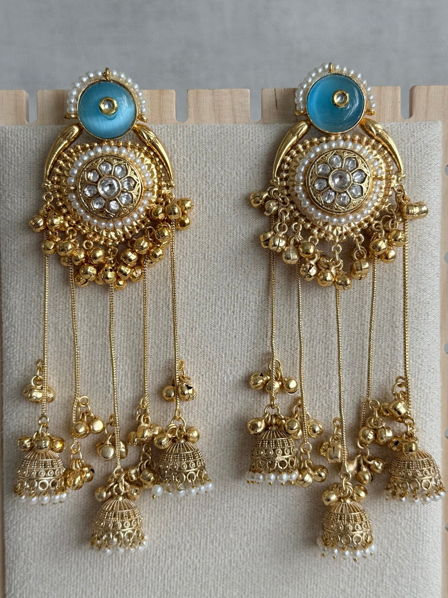 Ayura Designs Shagan Earrings – Aqua Blue Statement Earrings with Multi Jhumki Drops, Pearl Detailing & Ghungroo Accents