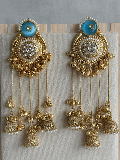 Ayura Designs Shagan Earrings – Aqua Blue Statement Earrings with Multi Jhumki Drops, Pearl Detailing & Ghungroo Accents