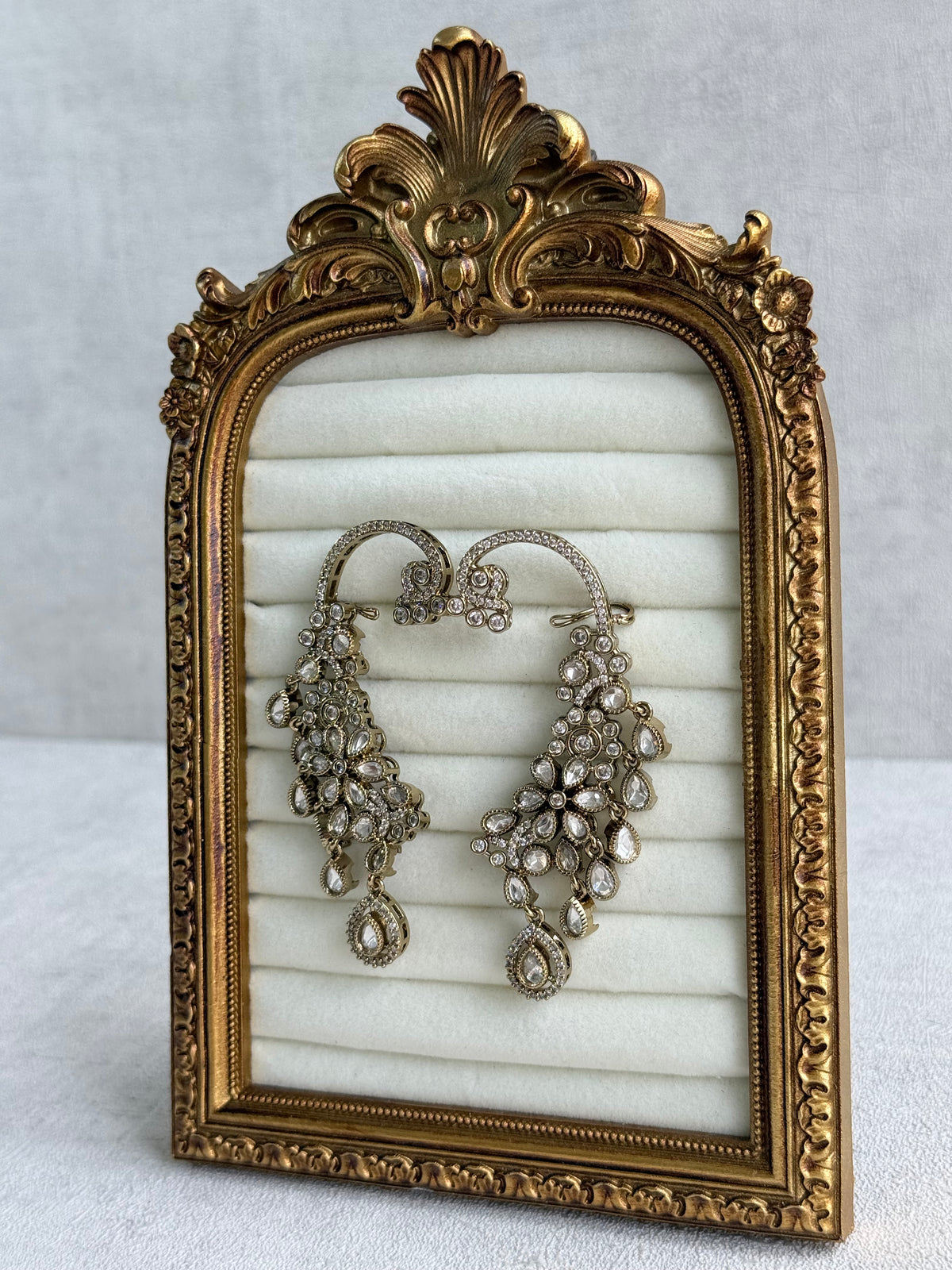 Ayura Designs Aksara Kaanphool Earrings – Kundan, Crystals & Antique Gold Finish