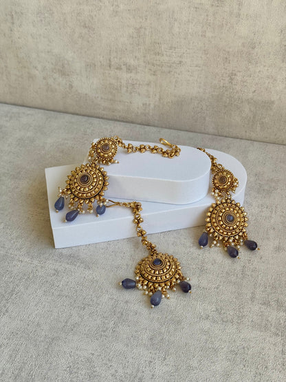 Ayura Designs Noor Set – Gold Choker, Earrings & Tikka with Grey Stone Accents