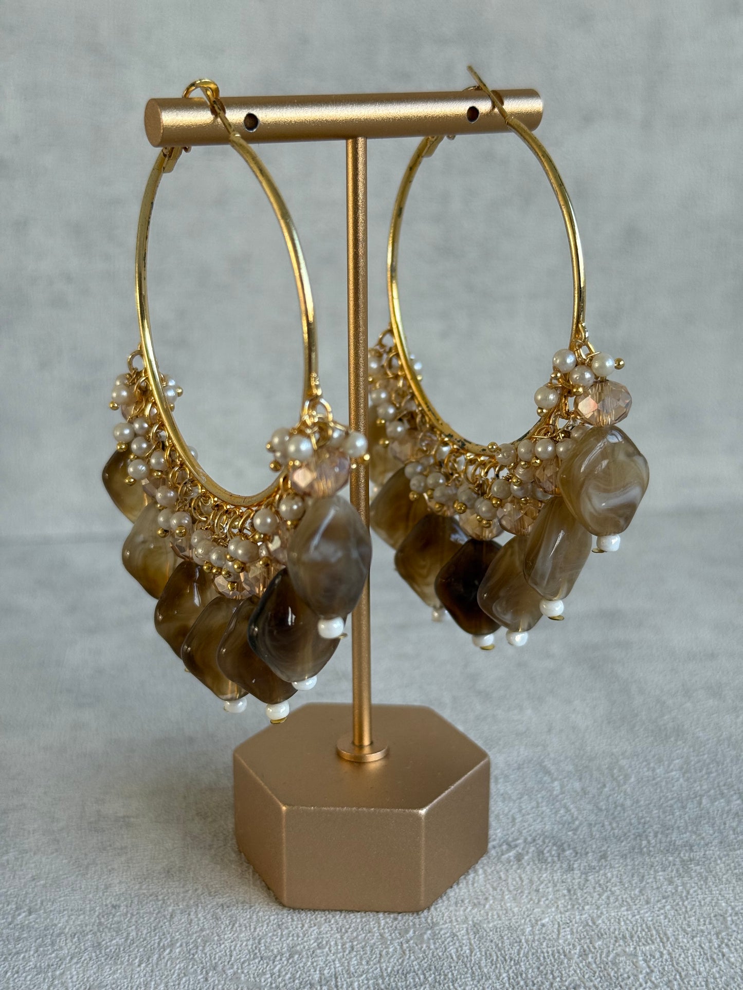 Ayura Designs Heer Balis – Gold Hoops with Mocha Marble Beads, Pearls & Crystal Detailing