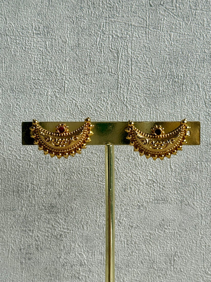 Ayura Designs Dhun Set – Necklace & Earrings with Antique Gold Crescent Motifs, Rani Pink & Emerald Detailing