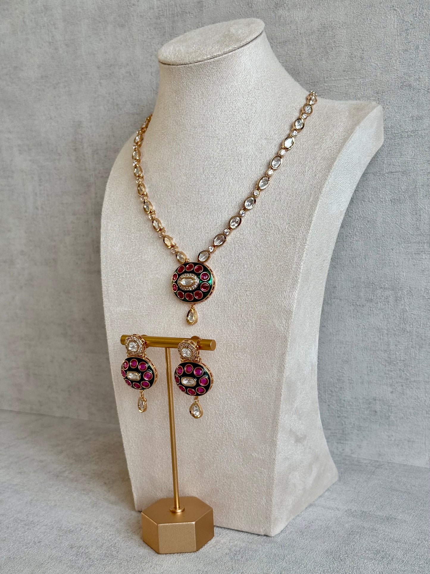 Ayura Designs Jiya Set with Earrings – Oval Motif, Pink & Green Meenakari with Crystal Detailing